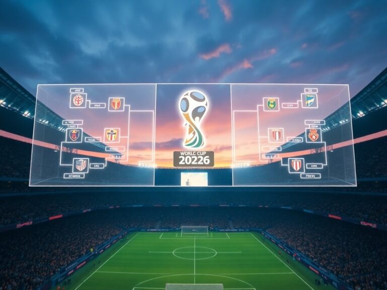 A vibrant stadium filled with fans from diverse nations, displaying the 2026 World Cup logo and bracket structure on a massiv