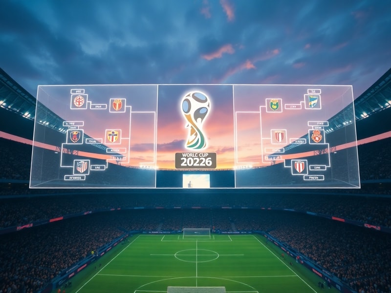 A vibrant stadium filled with fans from diverse nations, displaying the 2026 World Cup logo and bracket structure on a massiv