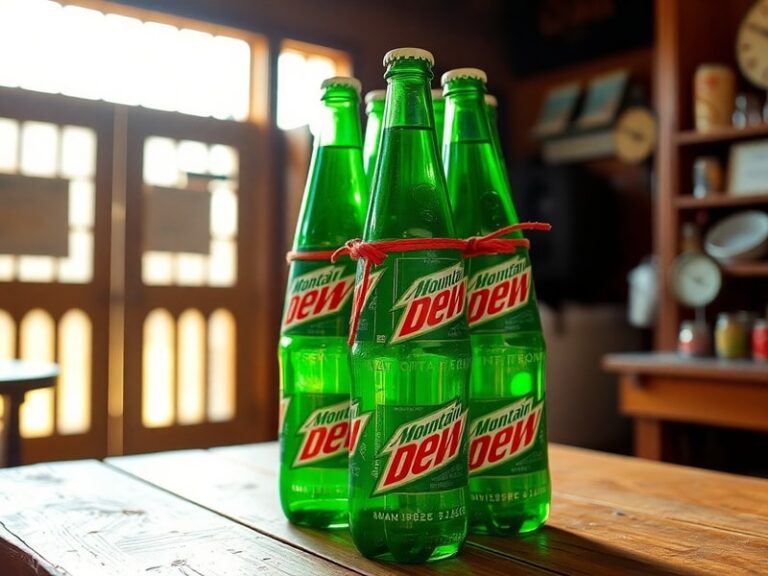 A vibrant convenience store cooler filled with colorful Mountain Dew bottles, with a price tag showing '5¢' on a retro-style