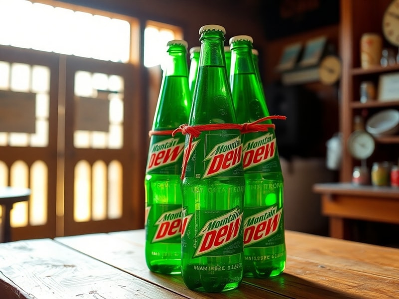 A vibrant convenience store cooler filled with colorful Mountain Dew bottles, with a price tag showing '5¢' on a retro-style