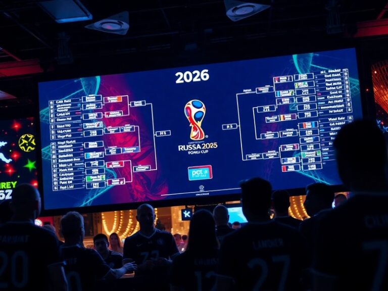 A vibrant stadium filled with cheering fans, a massive World Cup trophy on display, and a digital bracket projection behind t