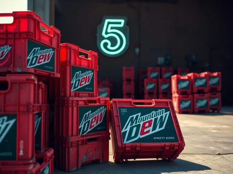 A nostalgic photo of a vintage Mountain Dew crate filled with glass bottles, set against a rustic wooden backdrop with warm l