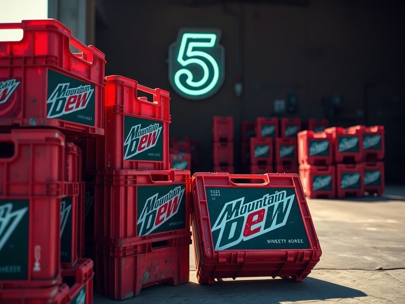 A nostalgic photo of a vintage Mountain Dew crate filled with glass bottles, set against a rustic wooden backdrop with warm l