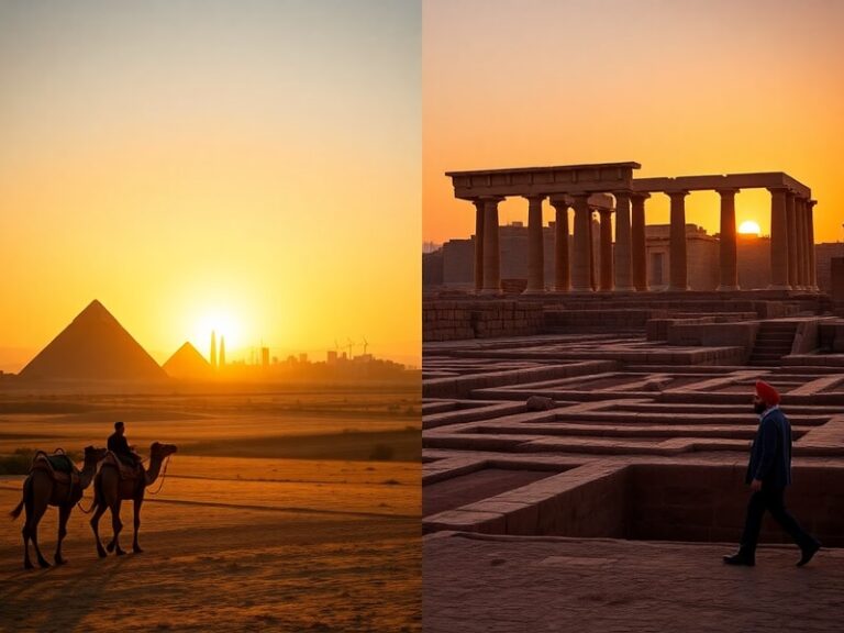 A split-screen image showing the Pyramids of Giza on the left and the Azadi Tower in Tehran on the right, with a faint map of