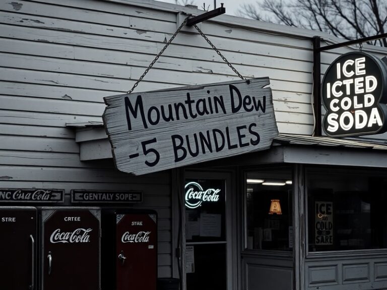 A vintage 1960s photo of a small-town grocery store display with stacks of Mountain Dew 5¢ cases, families shopping, and a ne