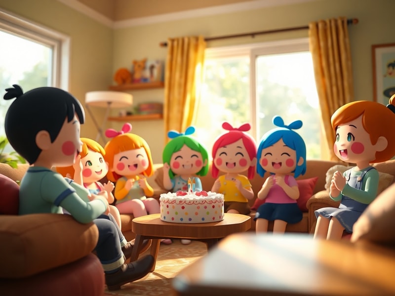 A vibrant in-game screenshot of a Tomodachi Life island celebration featuring multiple Mii characters dressed in diverse, cul