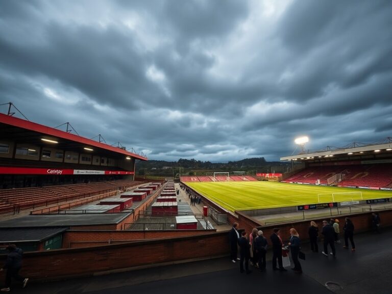 A vibrant matchday scene at The Crown Ground, Accrington Stanley’s home stadium, filled with red-and-white clad fans cheering