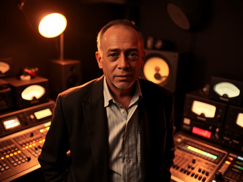 A mid-career portrait of Trevor Nelson in a radio studio, wearing headphones and speaking into a microphone, with vintage tur