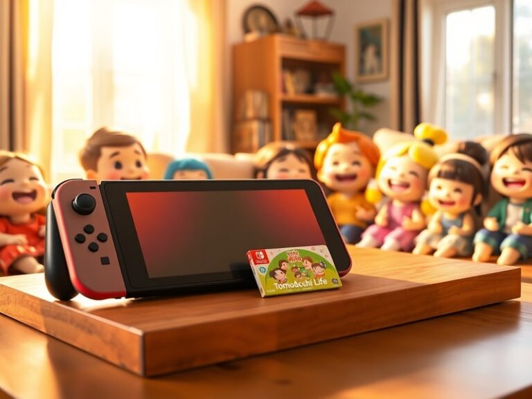 A cozy living room scene on a Nintendo 3DS screen, filled with colorful Miis wearing new outfits, celebrating a birthday part