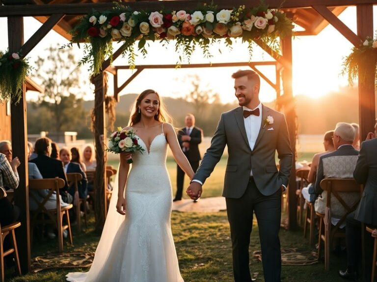 A diverse couple exchanging vows outdoors under string lights, surrounded by a small group of laughing guests. The scene incl