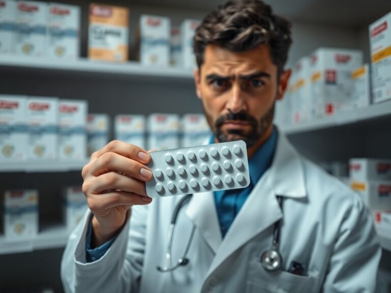 A close-up of chlorthalidone tablets spilling from an orange prescription bottle onto a pharmacy counter, with a concerned pa