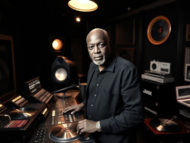 A mid-career photo of Trevor Nelson in a radio studio, wearing a headset and smiling, with vinyl records and studio equipment