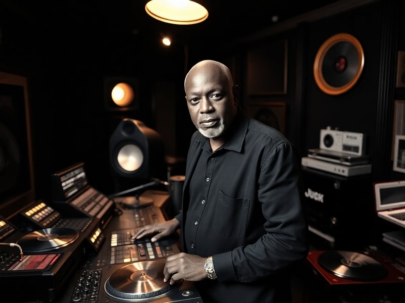 A mid-career photo of Trevor Nelson in a radio studio, wearing a headset and smiling, with vinyl records and studio equipment