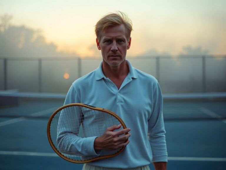 Andrew Castle in a Wimbledon blazer speaking into a microphone during a broadcast, with a tennis court blurred in the backgro