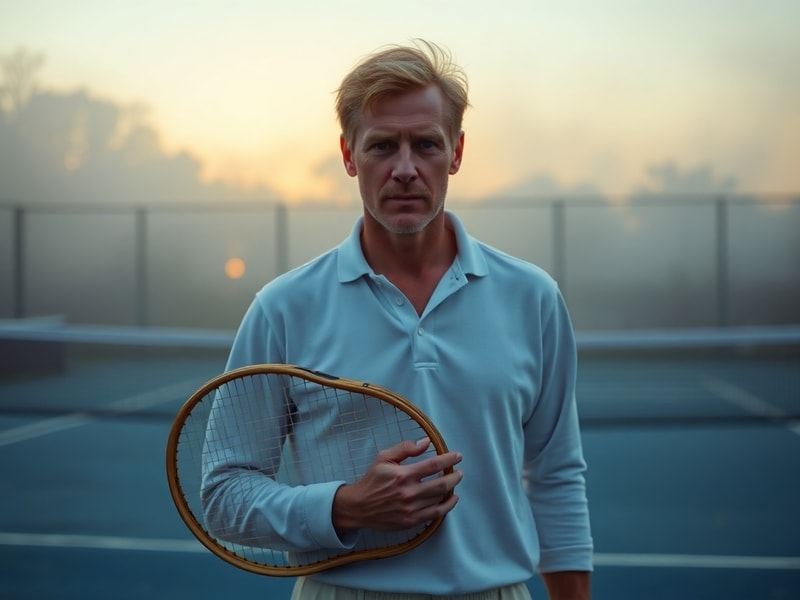 Andrew Castle in a Wimbledon blazer speaking into a microphone during a broadcast, with a tennis court blurred in the backgro