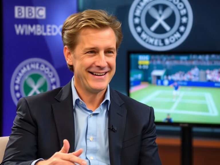 A candid photo of Andrew Castle mid-commentary at Wimbledon, wearing a navy blazer with a BBC logo, seated in the commentary