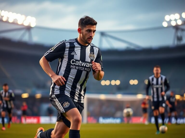 A high-energy action shot of Bruno Guimarães in Newcastle United’s black and white kit, mid-match, with St James’ Park blurre