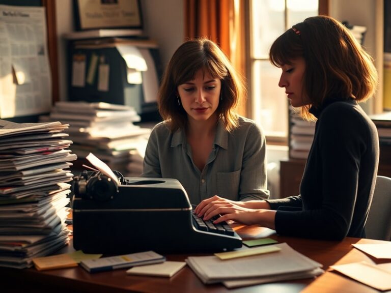A professional portrait of Maggie Haberman sitting at a desk with a laptop, surrounded by stacks of newspapers and a coffee c