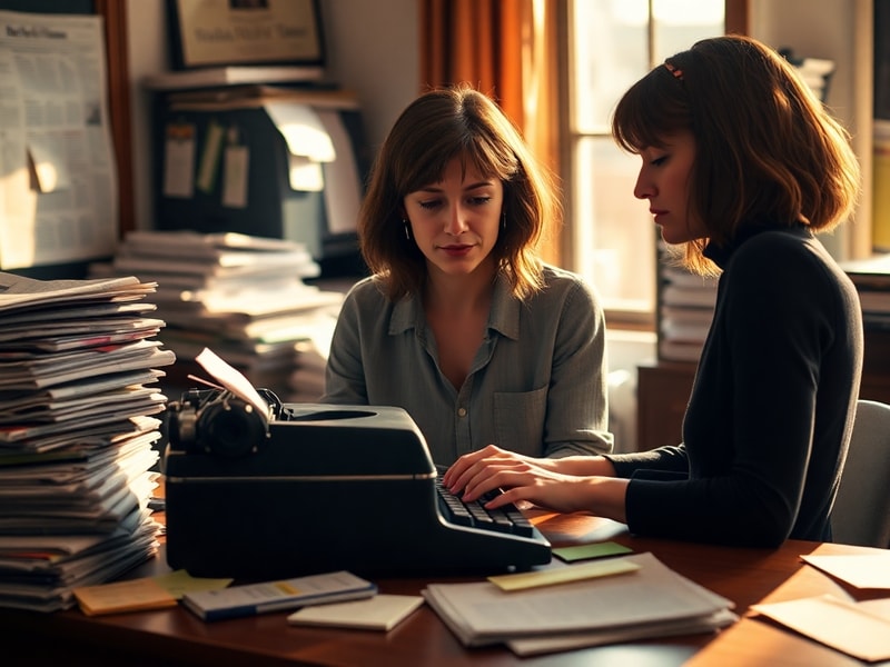 A professional portrait of Maggie Haberman sitting at a desk with a laptop, surrounded by stacks of newspapers and a coffee c