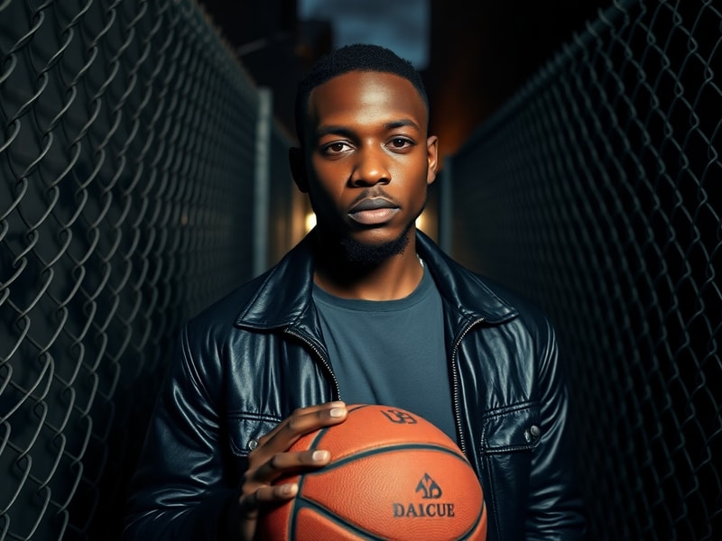 A moody, retro-style photograph of Jamal Morton in a dimly lit Houston alley, wearing a hoodie and holding a microphone, with