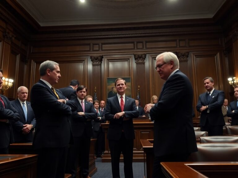 A split image showing a formal Senate hearing room with senators at their desks on one side, and a protest outside the U.S. S