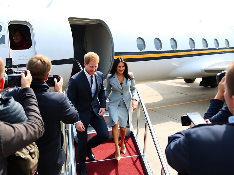 A candid photo of Prince Harry and Meghan Markle strolling through a quaint British village, surrounded by autumn foliage, wi