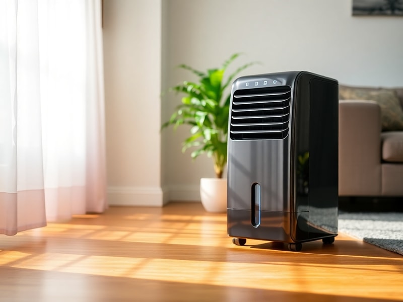 A split-image showing a modern air cooler on a wooden table in a sunlit room on one side, and a portable air conditioner vent