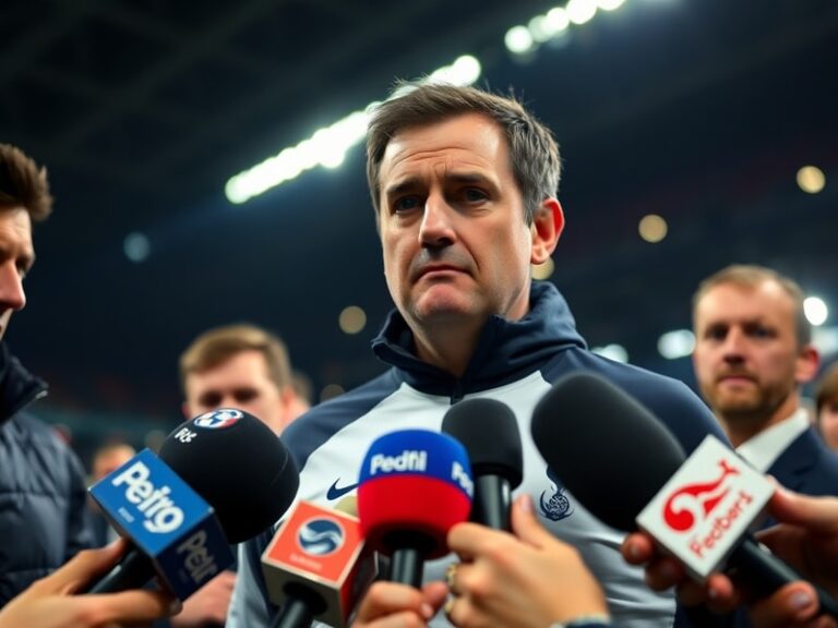 A mid-action shot of Mauricio Pochettino in a dark coat speaking to reporters at a post-match press conference, with blurred