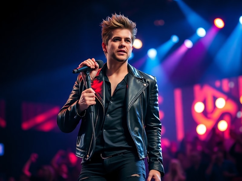Adam Lambert performing onstage in a dramatic, high-fashion outfit with theatrical lighting, holding a microphone. The backgr