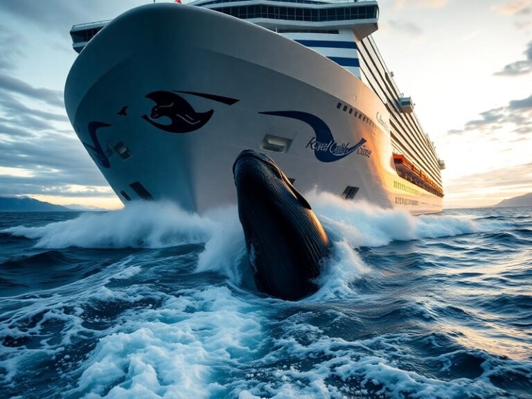 Aerial view of a large cruise ship cutting through Alaskan coastal waters, with a humpback whale visible near the surface in