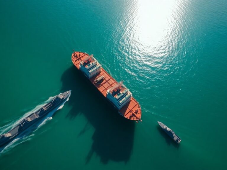 A wide-angle shot of a large oil tanker passing beneath a bridge in the Strait of Hormuz, with Omani mountains in the backgro