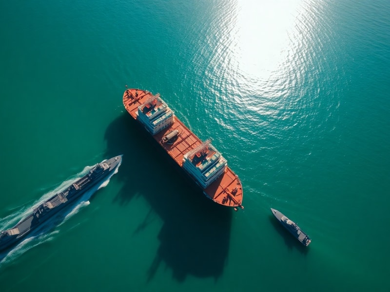 A wide-angle shot of a large oil tanker passing beneath a bridge in the Strait of Hormuz, with Omani mountains in the backgro