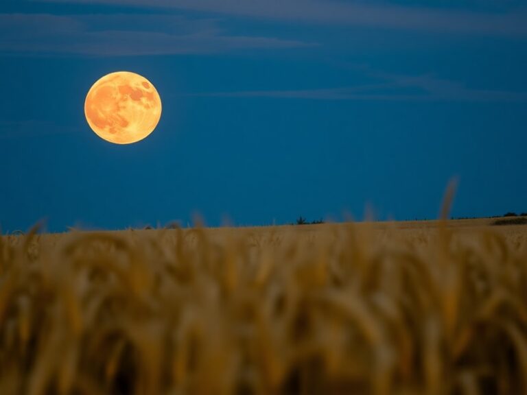 A wide-angle shot of the Strawberry Moon rising over a rural landscape at dusk, with silhouetted trees and a faint penumbral