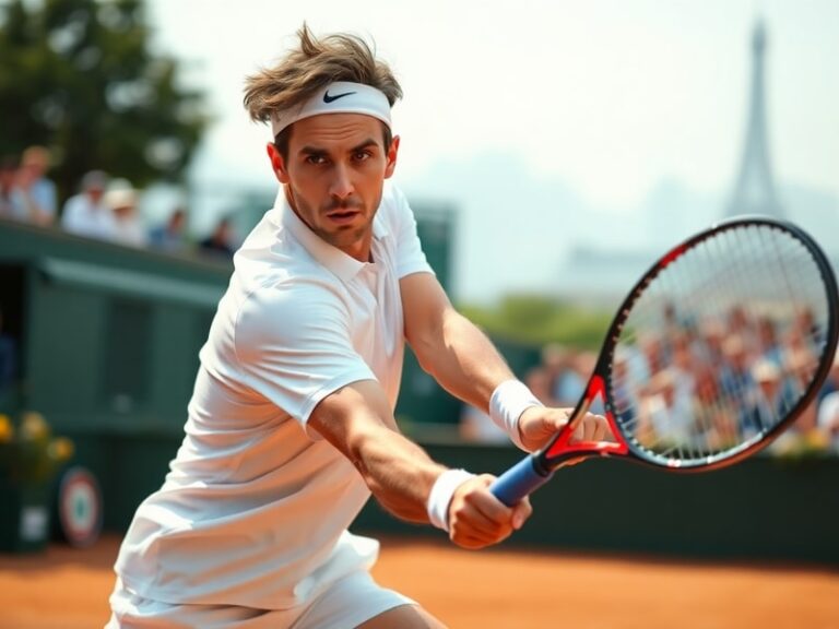 A focused 17-year-old tennis player in navy blue and white on a clay court, mid-stroke with intense concentration, surrounded