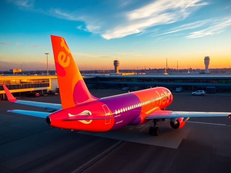 A bustling Jet2.com aircraft on the tarmac at a UK airport, with passengers boarding and luggage being loaded. The scene is b