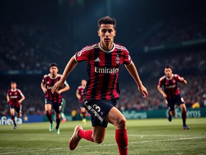 Théo Hernandez in AC Milan’s kit, sprinting down the left flank during a Serie A match, with the San Siro stadium blurred in