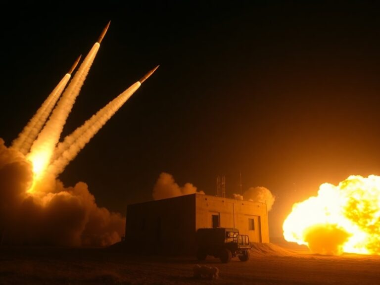 A night-time view of a US military airstrike targeting a facility in Syria, with explosions lighting up the sky against a bac