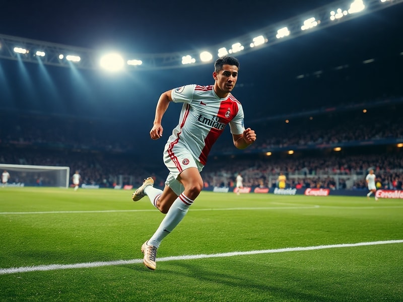 Théo Hernandez in full Real Madrid kit, mid-action during a Champions League match, sprinting down the left flank with the Sa