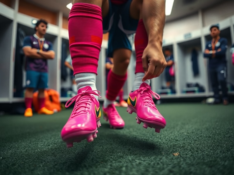 A wide-angle shot of a soccer stadium during a World Cup match, with multiple players in pink cleats visible on the field. Th