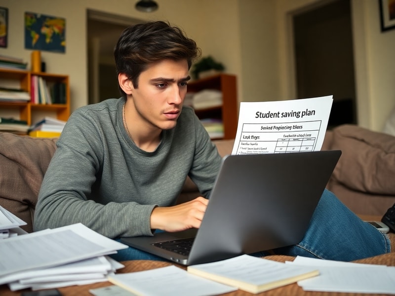 A split-world illustration showing a stressed graduate in New York surrounded by dollar bills, and a hopeful student in Nairo