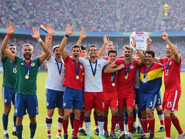 A tense moment in a packed stadium during a World Cup third-place playoff, with players in mid-celebration and fans in the ba