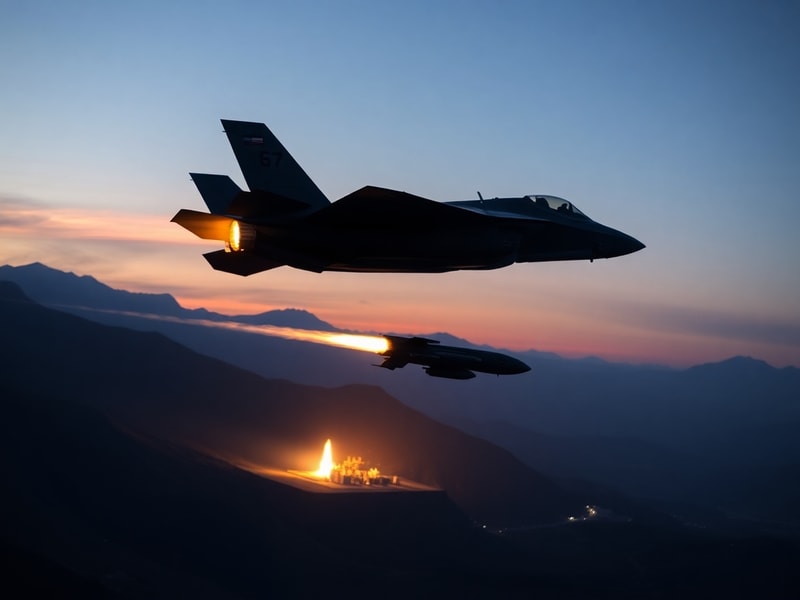 A split-screen image showing a US military aircraft on one side and Iranian missile defense systems on the other, with a divi