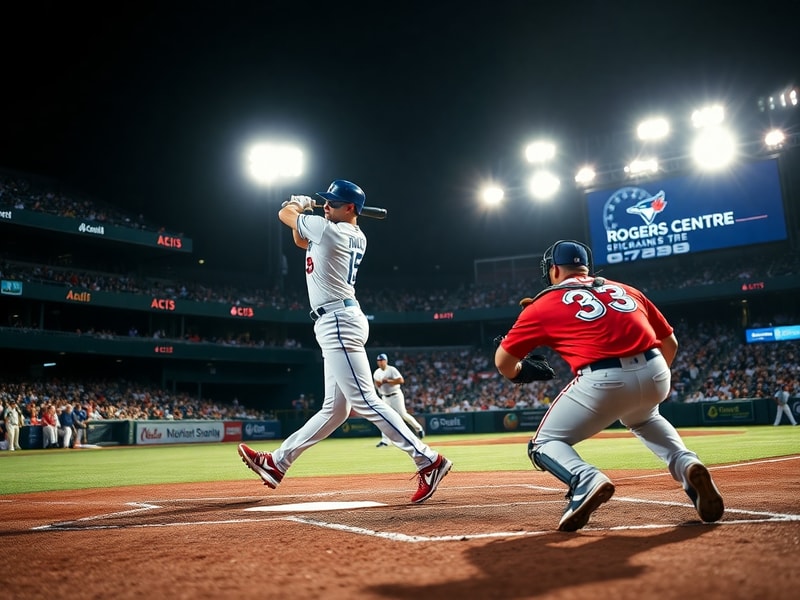 A split-screen image of Vladimir Guerrero Jr. swinging at Globe Life Field during sunset, with the Rangers’ scoreboard in the