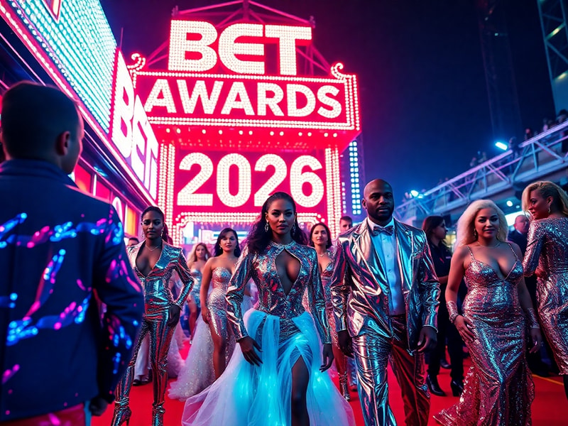 A vibrant stage at the BET Awards 2026, bathed in neon lights, featuring a live performance by Beyoncé with a holographic bac