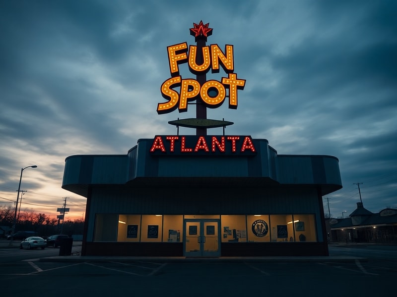 A nostalgic photo of Fun Spot Atlanta’s wooden roller coaster against an Atlanta skyline at dusk, with a crowd of families wa