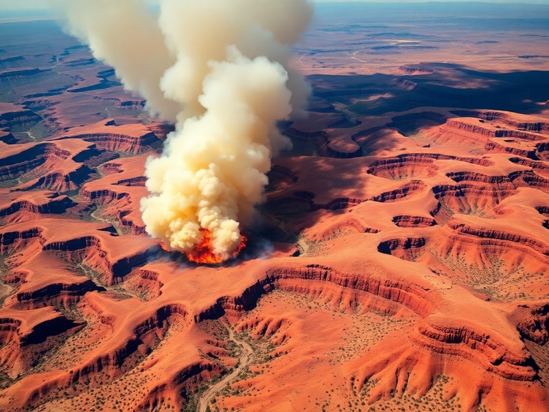 Aerial view of a wildfire burning in a Utah canyon, with smoke rising over red rock formations, fire trucks and crews visible