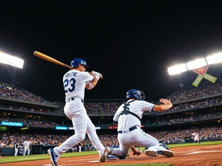 A dynamic shot of the Dodgers and Padres players mid-action at Petco Park during a close game, with the scoreboard in the bac