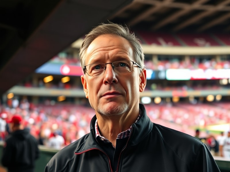 A mid-career portrait of John Mozeliak in a Cardinals uniform, standing in the team’s dugout during a game, with Busch Stadiu