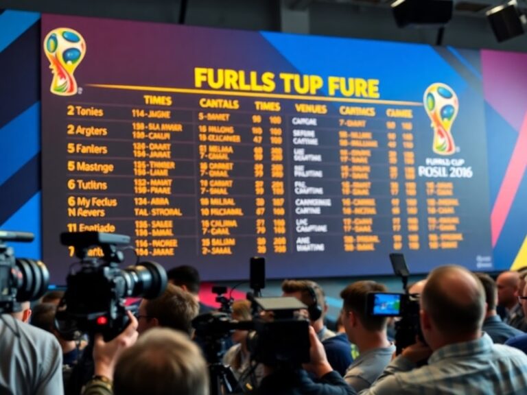 A panoramic shot of a packed stadium under floodlights, with a digital World Cup fixture list displayed on a massive screen.
