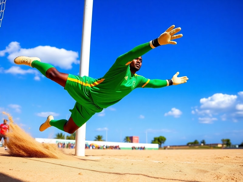 A goalkeeper in Cape Verde’s blue jersey making a save during a match, with the Atlantic Ocean visible in the background and